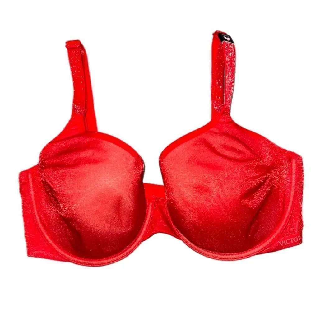 Victoria’s Secret Lined Perfect Coverage underwire Shine mesh bra Red 32DD
